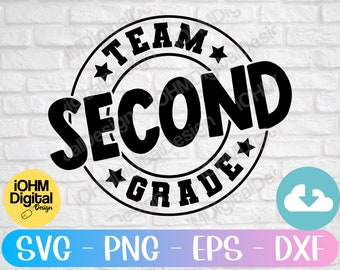 Pode incluir: Design circular preto e branco com o texto "Team Second Grade" em negrito.