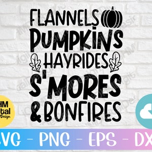 May include: Black and white graphic design with the text "Flannels, Pumpkins, Hayrides, S'mores & Bonfires". The graphic includes a pumpkin, leaves, and a download icon.