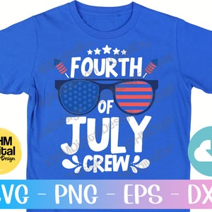 May include: A blue t-shirt with a white graphic design that says "Fourth of July Crew" with a pair of sunglasses with red and white stripes and stars in the lenses.