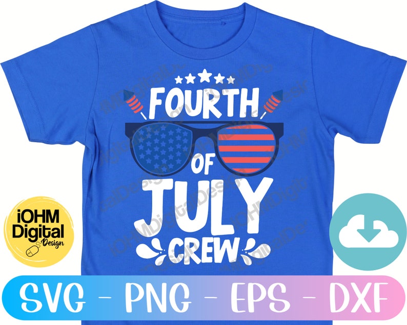May include: A blue t-shirt with a white graphic design that says "Fourth of July Crew" with a pair of sunglasses with red and white stripes and stars in the lenses.