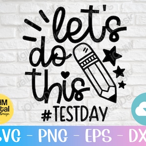 Puede incluir: Diseño gráfico en blanco y negro con el texto "Let's do this #TESTDAY". Un lápiz con un corazón y estrellas están incluidos en el diseño.