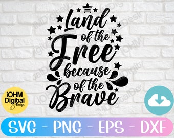 May include: Black and white graphic design with the text "Land of the Free because of the Brave" with stars and other decorative elements.