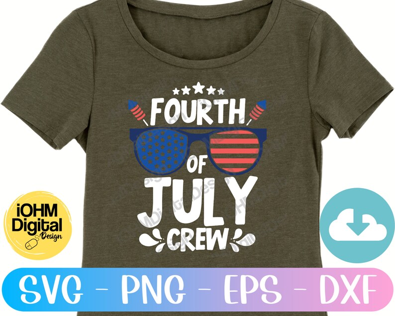 May include: A green t-shirt featuring the text "FOURTH OF JULY CREW" in white lettering. The text is surrounded by red, white and blue stars and fireworks. The text "FOURTH" is in a larger font than the rest of the text. The text "OF" is in a smaller font than the rest of the text. The text "JULY" is in a larger font than the rest of the text. The text "CREW" is in a smaller font than the rest of the text.