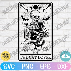 El amante de los gatos Tarot Svg Png Eps Dxf Archivo de corte / Amante de los gatos Svg / Esqueleto y gato Svg / Gato Tarot Svg / Carta del tarot svg / Gato negro Tarot Svg
