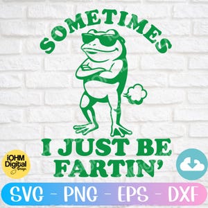 May include: Green graphic of a frog wearing sunglasses with arms crossed. The text "SOMETIMES I JUST BE FARTIN'" is above and below the frog. The image also includes "SVG - PNG - EPS - DXF".