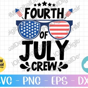 May include: Fourth of July Crew graphic with red, white and blue sunglasses. The sunglasses have stars on the left lens and stripes on the right lens.