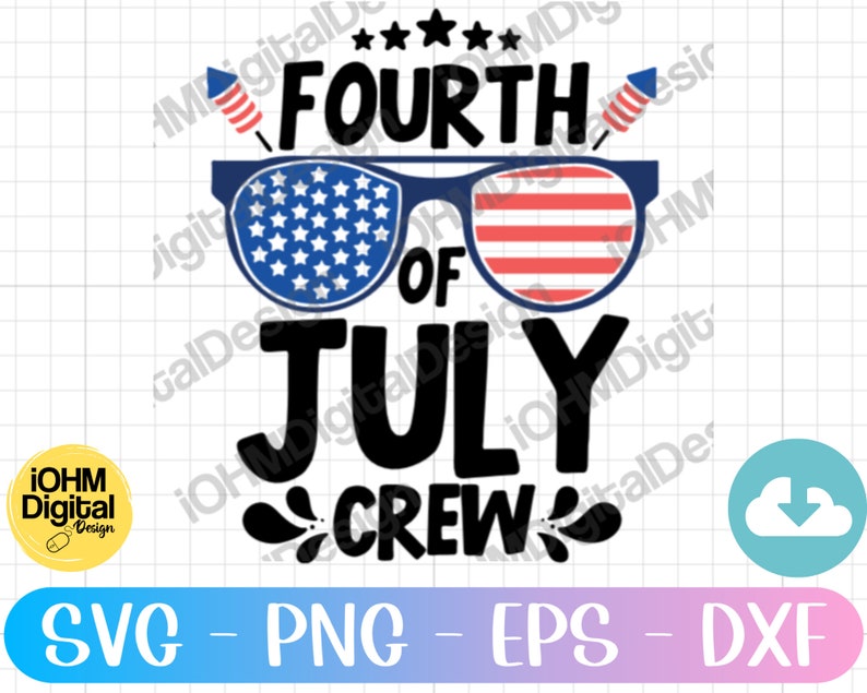 May include: Fourth of July Crew graphic with red, white and blue sunglasses. The sunglasses have stars on the left lens and stripes on the right lens.