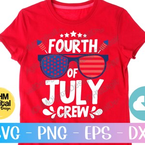 May include: Red t-shirt with a white graphic design that says "Fourth of July Crew" with a red, white and blue star-spangled banner and sunglasses graphic.