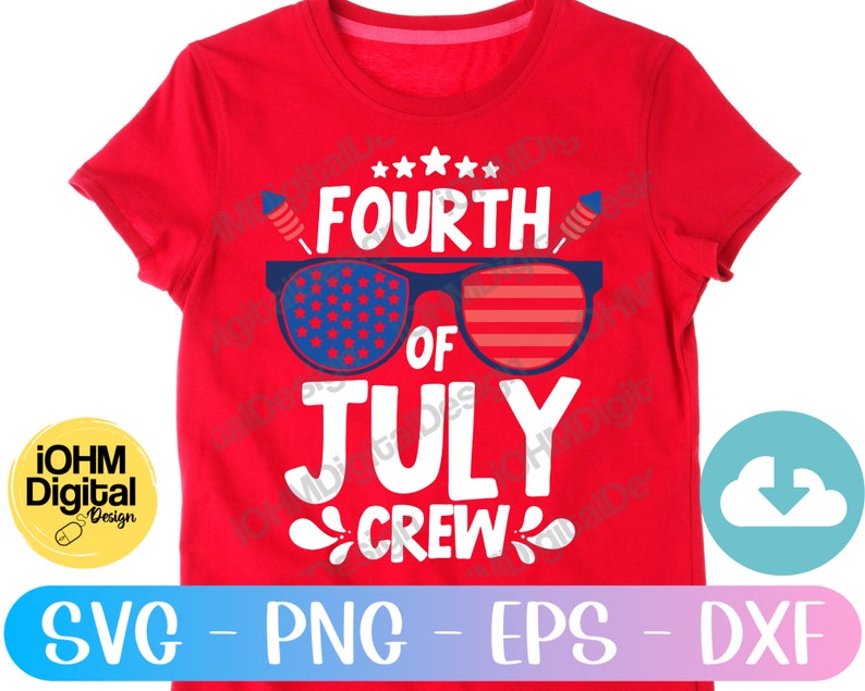 May include: Red t-shirt with a white graphic design that says "Fourth of July Crew" with a red, white and blue star-spangled banner and sunglasses graphic.