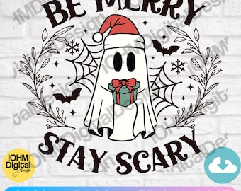 May include: A white ghost wearing a red Santa hat holds a green gift box with a red bow. The ghost is surrounded by black bats, snowflakes, and a spiderweb. The text "BE MERRY STAY SCARY" is written in black around the ghost.