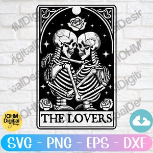 Carta de Tarô dos Amantes Svg Png Eps Dxf Arquivo de Corte | Carta de Tarô dos Amantes SVG | Carta de Tarô do Amor Esqueleto SVG | Caveira Gótica Svg | Esqueletos Apaixonados svg