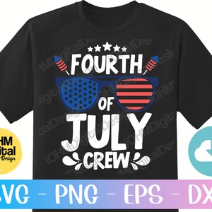 May include: A black t-shirt with a Fourth of July design. The design features a pair of sunglasses with an American flag pattern, the words "Fourth of July Crew", and fireworks.