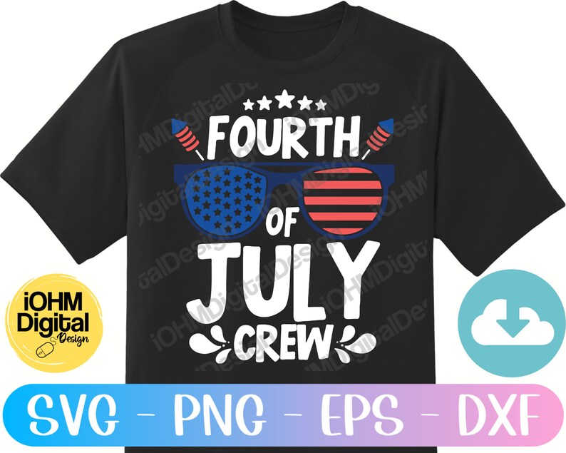May include: A black t-shirt with a Fourth of July design. The design features a pair of sunglasses with an American flag pattern, the words "Fourth of July Crew", and fireworks.