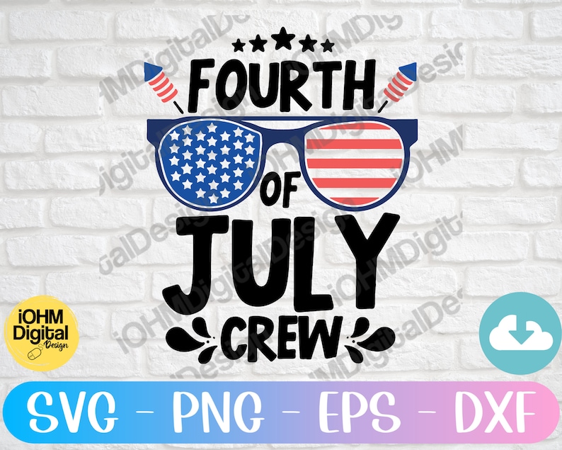 May include: Fourth of July Crew graphic with red, white and blue sunglasses and fireworks. The text is in black.