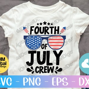 May include: White t-shirt with a Fourth of July design. The design features a pair of sunglasses with red, white and blue stars and stripes, the words "Fourth of July", and the words "Crew" in a stylised font.