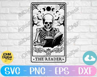 Skeleton Reader Tarot Card SVG: Halloween Book Lover Cut File (Digital Download)