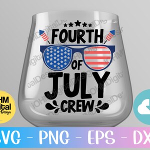 May include: A clear glass tumbler with a Fourth of July design. The design features a red, white and blue American flag pattern in the shape of sunglasses with the text "Fourth of July Crew" in black.