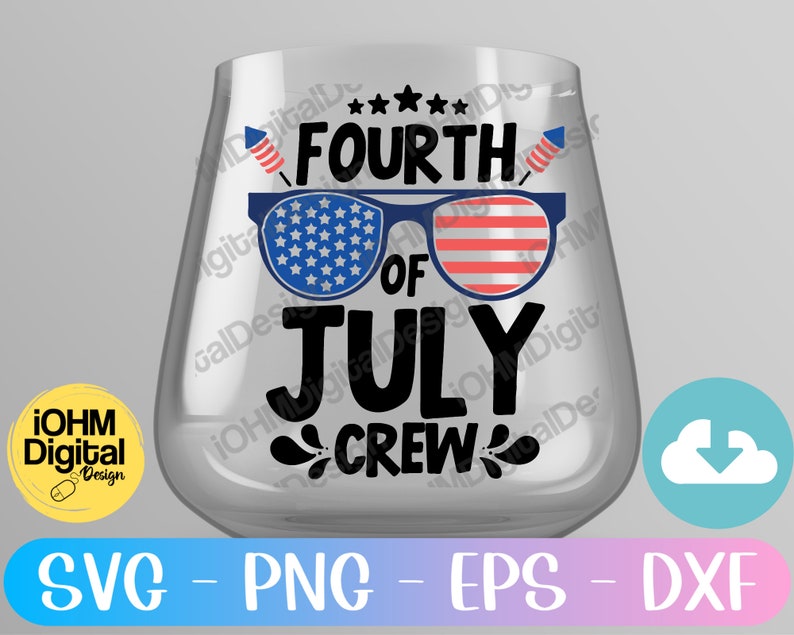 May include: A clear glass tumbler with a Fourth of July design. The design features a red, white and blue American flag pattern in the shape of sunglasses with the text "Fourth of July Crew" in black.