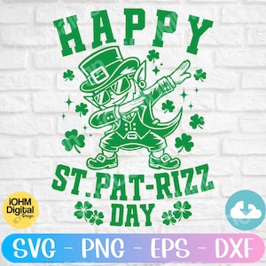 Może przedstawiać: Zielony rysunkowy krasnal z zielonym kapeluszem i brodą, wykonujący dab. Tekst "HAPPY ST.PAT-RIZZ DAY" jest napisany zielonymi literami nad krasnalem.