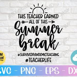 May include: Black and white text graphic on a white brick background. The text reads "This teacher earned all of this - Summer break #survivedpandemicteaching #teacherlife".