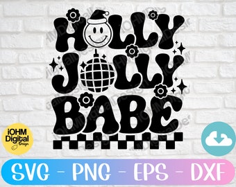 Puede incluir: Diseño retro en blanco y negro con el texto "HOLLY JOLLY BABE" en una fuente groovy. Una bola de discoteca se presenta en el centro del diseño. El diseño está sobre un fondo a cuadros.