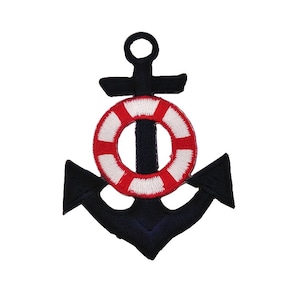 May include: Embroidered patch featuring a navy blue anchor with a red and white life preserver in the center. The patch has a nautical theme, with detailed stitching and a clean white background.