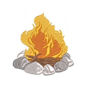 May include: Embroidered image of a campfire with yellow and orange flames rising from a pile of brown wood and gray stones. The flames have a textured appearance, suggesting a fabric or thread design.