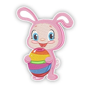 May include: A pink bunny character in a bunny suit, holding a colourful striped Easter egg. The bunny has large blue eyes, a smiling face, and a white outline. The egg features stripes of red, orange, yellow, green, blue, and purple.