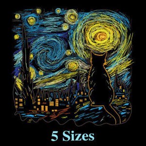 May include: A black cat sits in front of a stylized painting of a starry night sky. The painting is done in yellow, blue, and white, and features a swirling sky with stars. The cat is looking up at the sky.