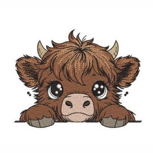 Può includere: Disegno ricamato di una mucca Highland marrone con grandi occhi che spuntano da una superficie. La mucca ha una criniera marrone e soffice e un'espressione carina.