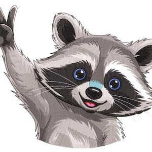 Puede incluir: Ilustración detallada de un mapache con pelaje gris y negro, haciendo el signo de la paz con su pata. El mapache tiene grandes ojos azules, una boca rosa y una franja azul claro en la nariz. La imagen está sobre un fondo blanco.