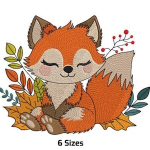 May include: Embroidered design of a cute orange fox sitting on a bed of autumn leaves. The fox has closed eyes and a small, curled tail. The leaves are in shades of orange, yellow, and green.