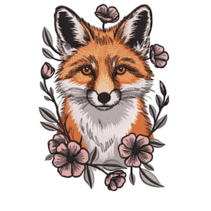 Könnte beinhalten: Gesticktes Bild eines Fuchses mit orangefarbenem Fell, weißer Brust und schwarzen Ohren. Der Fuchs ist von rosa Blumen und grauen Blättern umgeben, wodurch ein floraler Kranz entsteht. Der Fuchs hat detaillierte Gesichtszüge und einen freundlichen Ausdruck.