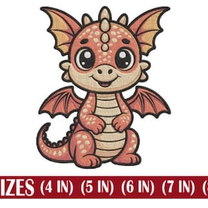 May include: A cartoon dragon illustration in shades of orange and tan, with large eyes and wings. The image includes text indicating five size options: 4, 5, 6, 7, and 8 inches.