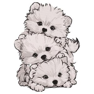 Puede incluir: Diseño bordado con tres cachorros de color claro apilados. Los cachorros tienen ojos oscuros y una textura suave, creada con puntadas detalladas. La imagen está sobre un fondo blanco liso, resaltando los cachorros.