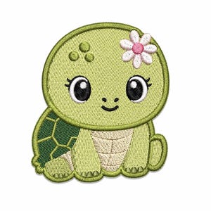 May include: Embroidered patch of a cartoon turtle in shades of green. The turtle has large, expressive eyes, a smiling mouth, and a pink and white flower on its head. The turtle's shell is a darker green with a geometric pattern.