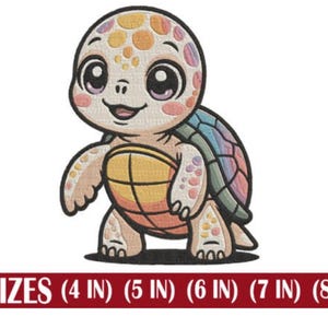 May include: A cartoon turtle illustration with a smiling face, large eyes, and a colorful shell. The text "5 SIZES (4 IN) (5 IN) (6 IN) (7 IN) (8 IN)" is displayed in a red banner below the turtle.