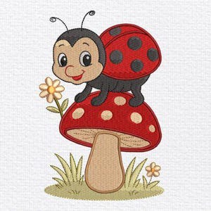 May include: An embroidered design of a cartoon ladybird with a red shell and black spots, sitting on a red mushroom with white spots. A daisy and grass are also included in the design. The ladybird has a smiling face.