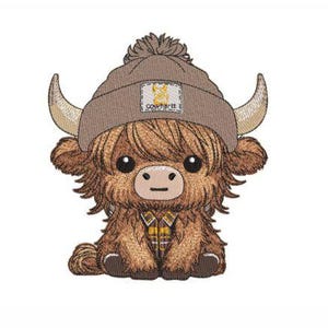 May include: Embroidered patch of a brown Highland cow wearing a brown beanie with a Carhartt logo and a plaid shirt.