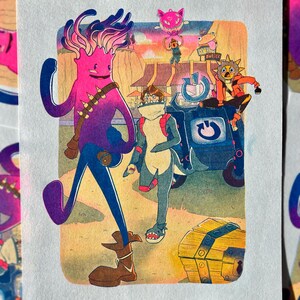 May include: A colorful illustration featuring cartoon characters in a desert setting. A large, pink and purple figure walks alongside a person in a shark costume. A treasure chest and a futuristic vehicle are also present.