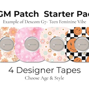 Peut inclure: Un pack de démarrage de patch CGM avec quatre rubans design. Les rubans présentent des motifs floraux, roses et smiley. Le texte indique "CGM Patch Starter Pack" et "4 Designer Tapes".