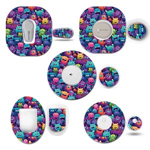 May include: A selection of colourful adhesive patches and covers, patterned with cartoon monsters in purple, blue, green, and orange. The patches are for medical devices, in various shapes and sizes, with a repeating monster design.