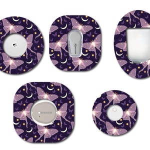 May include: Five different designs of adhesive stickers for a medical device. The stickers feature a dark purple background with a repeating pattern of glowing pink moths, stars, and crescent moons. The text "Dexcom" is visible on one of the stickers.