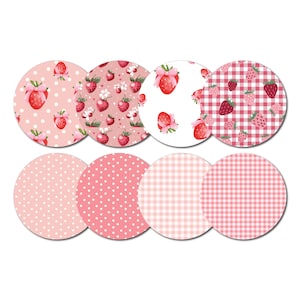 May include: Set of eight pink and white patterned paper circles. The patterns include polka dots, gingham, and strawberries.