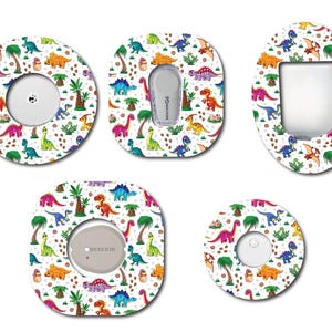 May include: Five colourful dinosaur-themed adhesive patches for medical devices. The patches feature a variety of dinosaurs in different colours and poses, including green, blue, orange, pink, and purple. The patches are designed to cover medical devices such as insulin pumps and continuous glucose monitors.