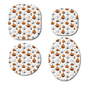May include: Four Halloween-themed coasters in different shapes. Each coaster features a repeating pattern of orange pumpkins and white ghosts on a white background. The coasters are square, rounded square, circular, and oval.