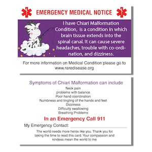Emergency Medical Card Chiari Malformation Medic Alert Card, Rare Disease Awareness