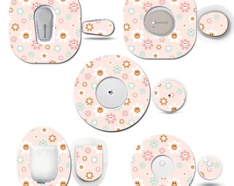 Retro Flowers Continuous Glucose Monitor (CGM) Decorative Over Patch and Sticker/Tattoo Set