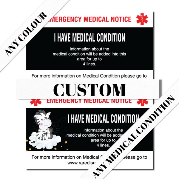Custom Personalized Emergency Medical Card Medic Alert Card, Rare Disease Awareness