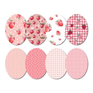 Peut inclure: Huit cercles de motifs roses et blancs avec différents designs. Les motifs comprennent des pois, du vichy et des fraises.